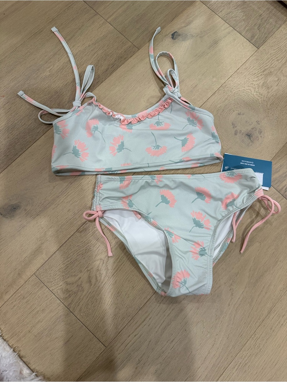 Girls Mint Floral Two-Piece Swim Bikini with Pink Accents